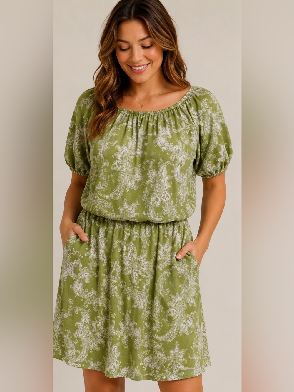 Olive Paisley Puff-Sleeve Midi Dress